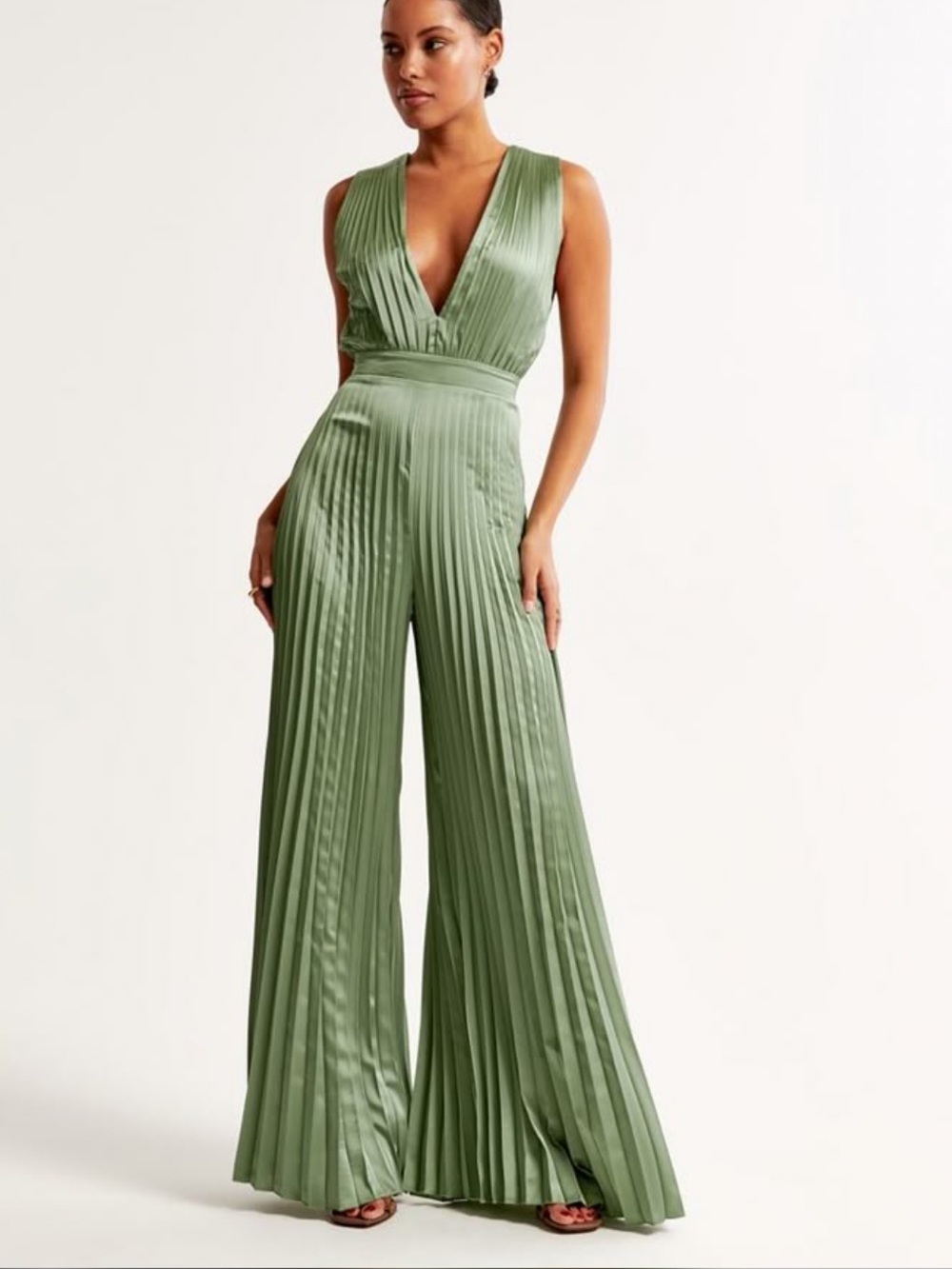 Abercrombie & Fitch Sage Green Pleated Wide-Leg Jumpsuit
